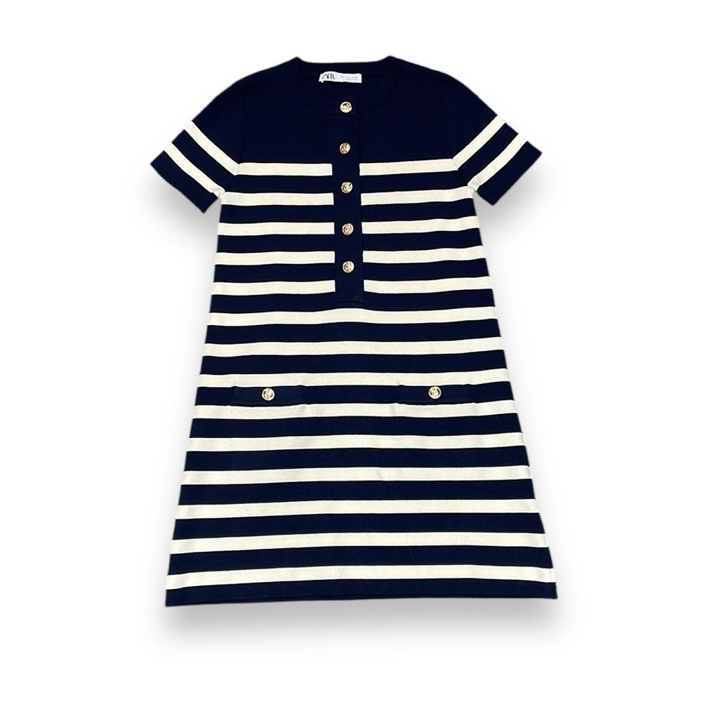 Zara Navy and White Striped Short-Sleeve Shift Dress
